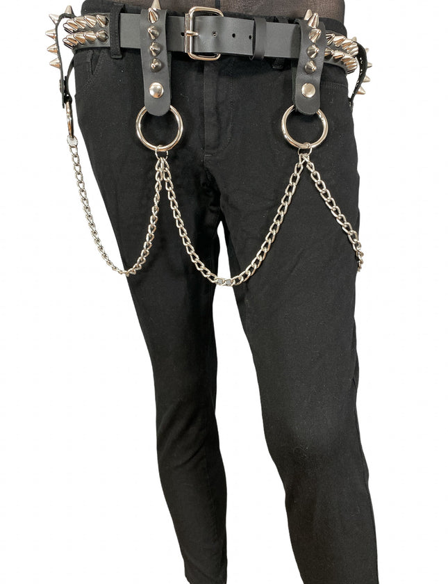 BT581 2 ROW CONE STUDDED BELT WITH REMOVABLE RING AND CHAIN