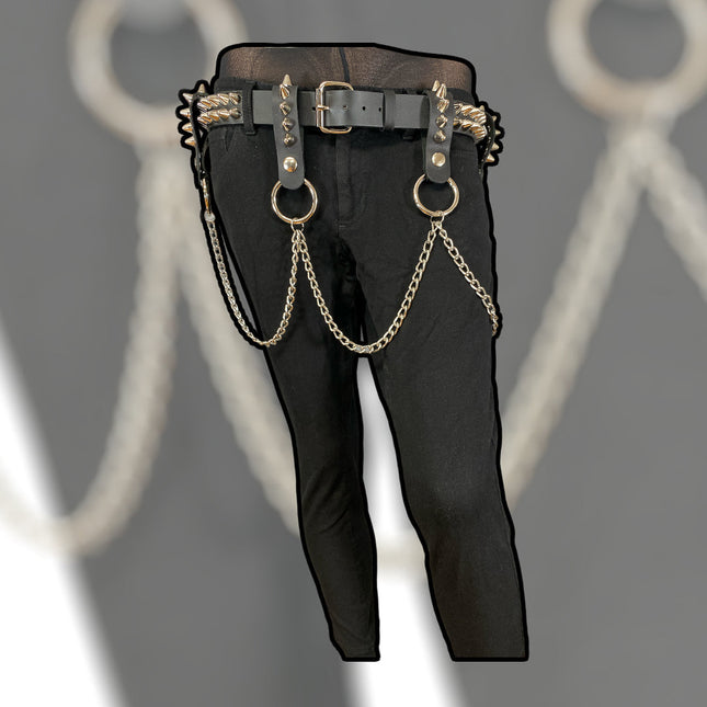 BT581 2 ROW CONE STUDDED BELT WITH REMOVABLE RING AND CHAIN