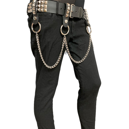 BT582 3 ROW STUDDED BELT WITH REMOVABLE STUDDED RING AND CHAIN