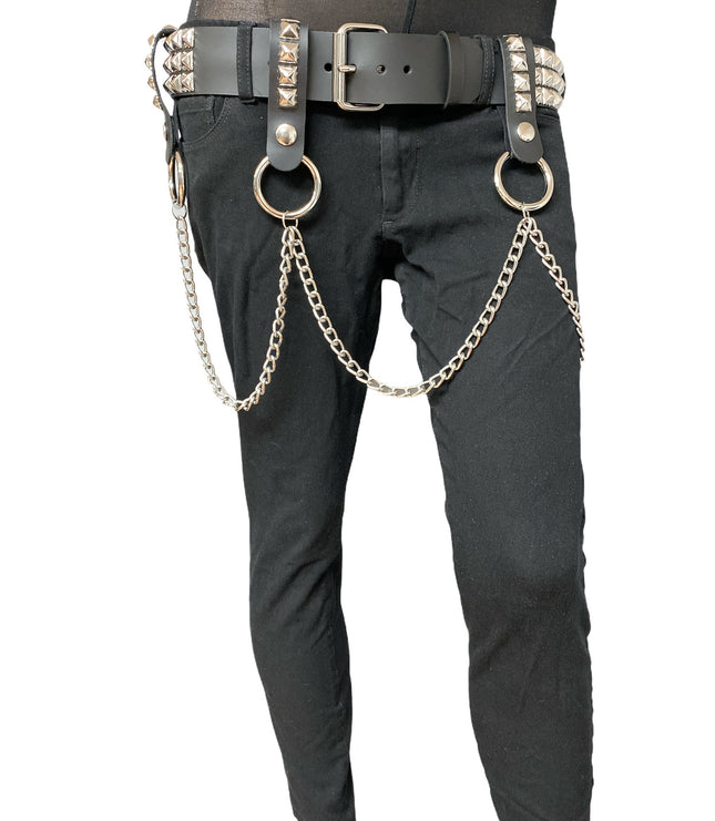 BT582 3 ROW STUDDED BELT WITH REMOVABLE STUDDED RING AND CHAIN
