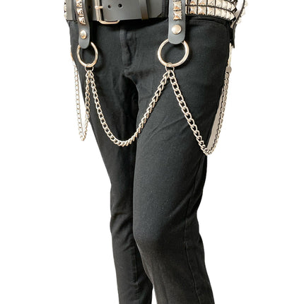 BT582 3 ROW STUDDED BELT WITH REMOVABLE STUDDED RING AND CHAIN