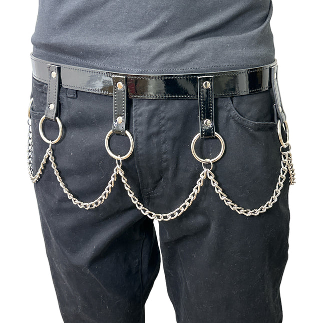 BT624  PATENT BLACK HANGING CHAIN RING BONDAGE BELT