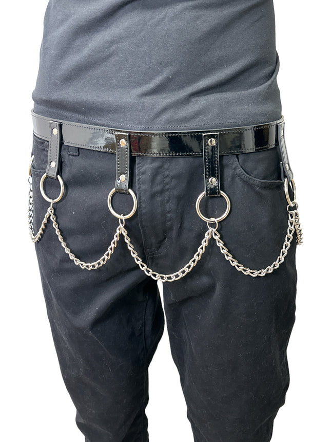 BT624  PATENT BLACK HANGING CHAIN RING BONDAGE BELT