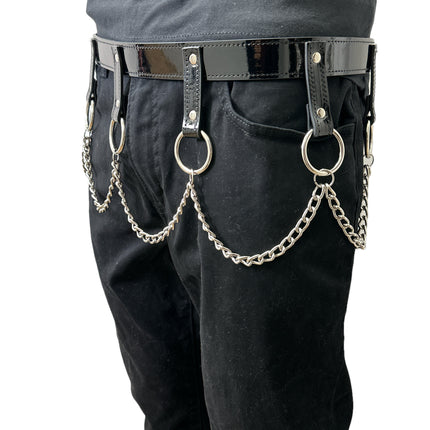 BT624  PATENT BLACK HANGING CHAIN RING BONDAGE BELT