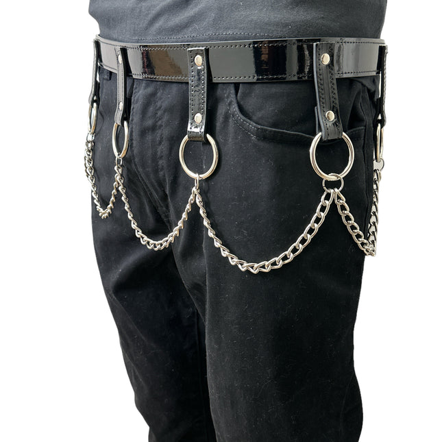 BT624  PATENT BLACK HANGING CHAIN RING BONDAGE BELT