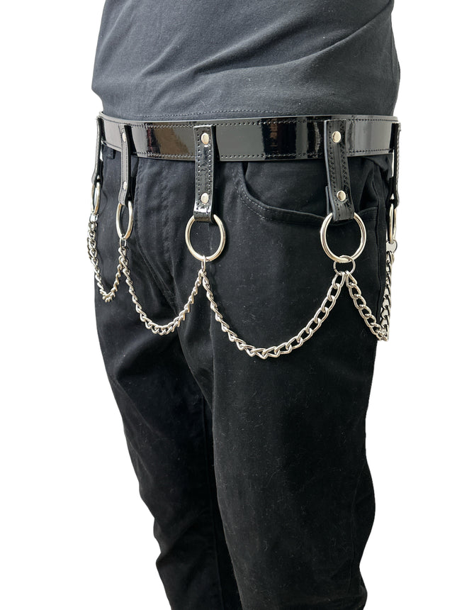 BT624  PATENT BLACK HANGING CHAIN RING BONDAGE BELT