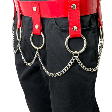 BT624  PATENT RED HANGING CHAIN RING BONDAGE BELT