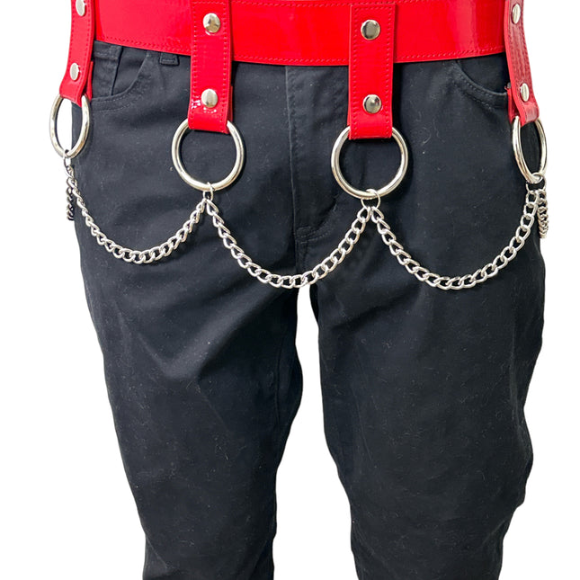 BT624  PATENT RED HANGING CHAIN RING BONDAGE BELT