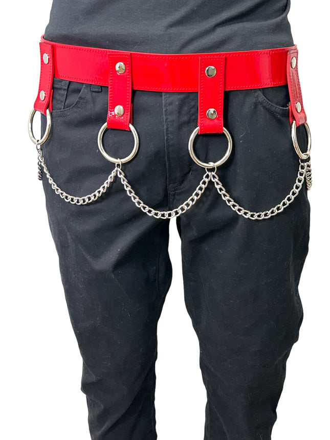 BT624  PATENT RED HANGING CHAIN RING BONDAGE BELT