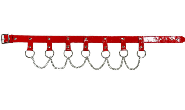 BT624  PATENT RED HANGING CHAIN RING BONDAGE BELT