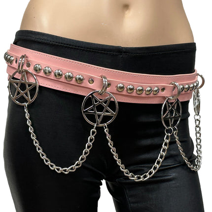 BT652M-PINK PREMIUM VEGAN LEATHER ROUND STUD PENTAGRAM CHAIN BELT
