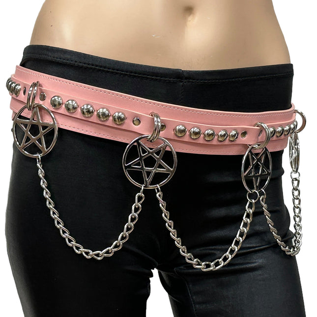 BT652M-PINK PREMIUM VEGAN LEATHER ROUND STUD PENTAGRAM CHAIN BELT