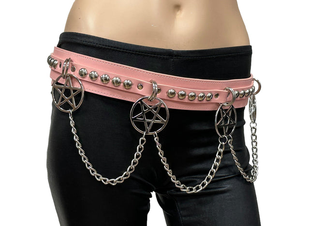 BT652M-PINK PREMIUM VEGAN LEATHER ROUND STUD PENTAGRAM CHAIN BELT