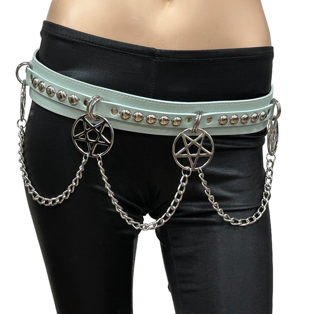 BT652M-TURQUOISE PREMIUM VEGAN LEATHER ROUND STUD PENTAGRAM CHAIN BELT