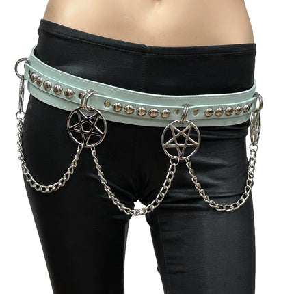 BT652M-TURQUOISE PREMIUM VEGAN LEATHER ROUND STUD PENTAGRAM CHAIN BELT