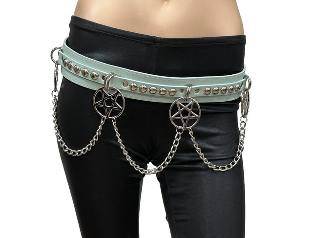 BT652M-TURQUOISE PREMIUM VEGAN LEATHER ROUND STUD PENTAGRAM CHAIN BELT