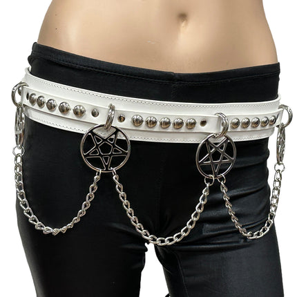BT652M-WHITE PREMIUM VEGAN LEATHER ROUND STUD PENTAGRAM CHAIN BELT