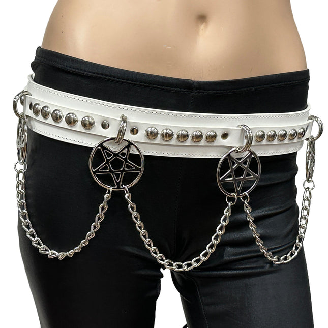 BT652M-WHITE PREMIUM VEGAN LEATHER ROUND STUD PENTAGRAM CHAIN BELT