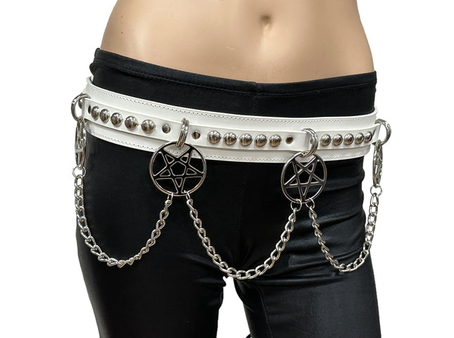 BT652M-WHITE PREMIUM VEGAN LEATHER ROUND STUD PENTAGRAM CHAIN BELT