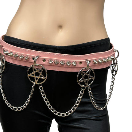 BT653M-PINK PREMIUM VEGAN LEATHER UK77 STUD PENTAGRAM CHAIN BELT