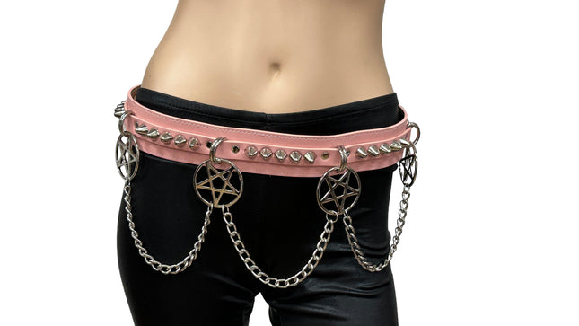 BT653M-PINK PREMIUM VEGAN LEATHER UK77 STUD PENTAGRAM CHAIN BELT