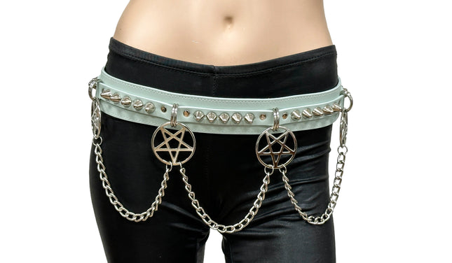 BT653M-TURQUOISE  PREMIUM VEGAN LEATHER UK77 STUD PENTAGRAM CHAIN BELT