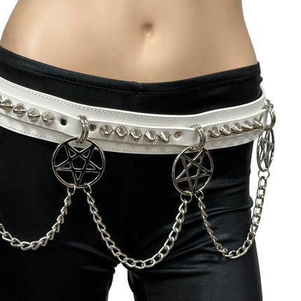 BT653M-WHITE PREMIUM VEGAN LEATHER UK77 STUD PENTAGRAM CHAIN BELT