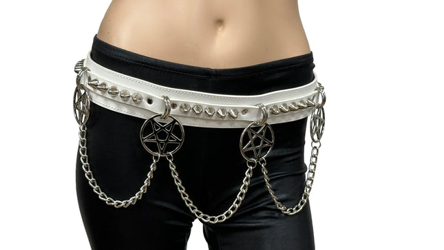 BT653M-WHITE PREMIUM VEGAN LEATHER UK77 STUD PENTAGRAM CHAIN BELT