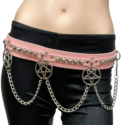 BT654M-PINK  PREMIUM VEGAN LEATHER PYRAMID  STUD PENTAGRAM CHAIN BELT