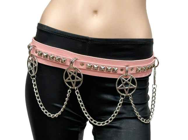 BT654M-PINK  PREMIUM VEGAN LEATHER PYRAMID  STUD PENTAGRAM CHAIN BELT