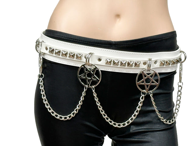BT654M-WHITE  PREMIUM VEGAN LEATHER PYRAMID  STUD PENTAGRAM CHAIN BELT