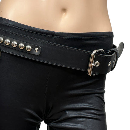 BT652M-BLACK PREMIUM VEGAN LEATHER ROUND STUD PENTAGRAM CHAIN BELT