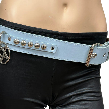 BT652M-BLUE PREMIUM VEGAN LEATHER ROUND STUD PENTAGRAM CHAIN BELT