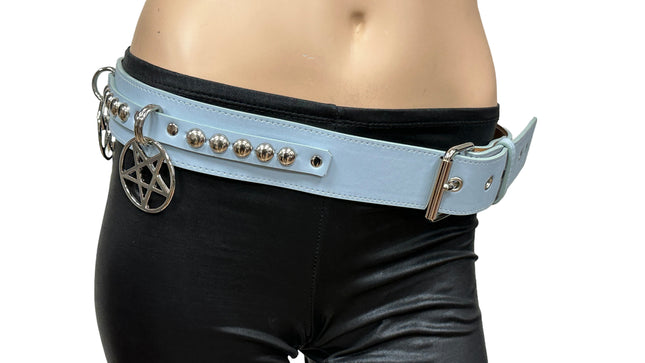 BT652M-BLUE PREMIUM VEGAN LEATHER ROUND STUD PENTAGRAM CHAIN BELT