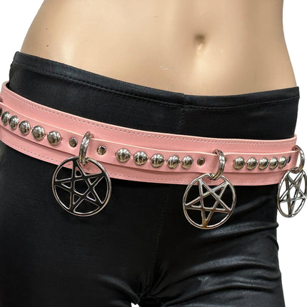 BT652M-PINK PREMIUM VEGAN LEATHER ROUND STUD PENTAGRAM CHAIN BELT