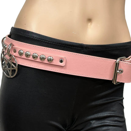 BT652M-PINK PREMIUM VEGAN LEATHER ROUND STUD PENTAGRAM CHAIN BELT