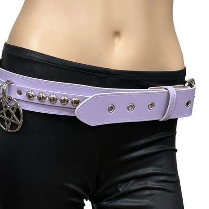 BT652M-PURPLE  PREMIUM VEGAN LEATHER ROUND STUD PENTAGRAM CHAIN BELT