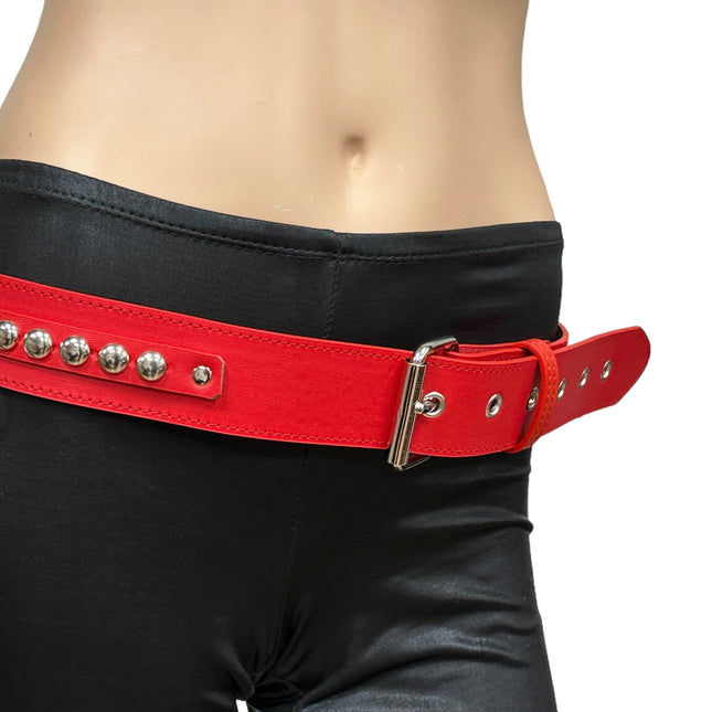 BT652M-RED PREMIUM VEGAN LEATHER ROUND STUD PENTAGRAM CHAIN BELT