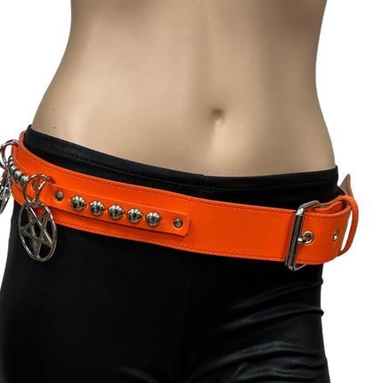 BT652M-TANGERINE  PREMIUM VEGAN LEATHER ROUND STUD PENTAGRAM CHAIN BELT