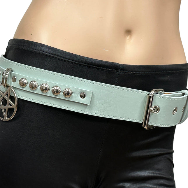 BT652M-TURQUOISE PREMIUM VEGAN LEATHER ROUND STUD PENTAGRAM CHAIN BELT