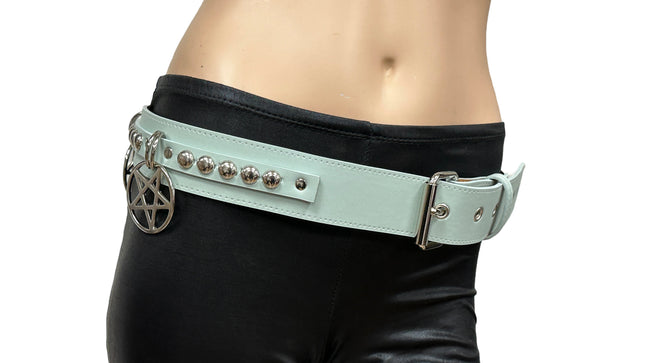 BT652M-TURQUOISE PREMIUM VEGAN LEATHER ROUND STUD PENTAGRAM CHAIN BELT