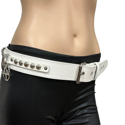 BT652M-WHITE PREMIUM VEGAN LEATHER ROUND STUD PENTAGRAM CHAIN BELT