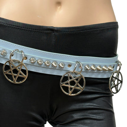 BT653M-BLUE PREMIUM VEGAN LEATHER UK77 STUD PENTAGRAM CHAIN BELT