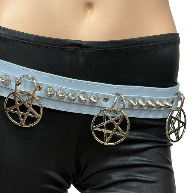 BT653M-BLUE PREMIUM VEGAN LEATHER UK77 STUD PENTAGRAM CHAIN BELT