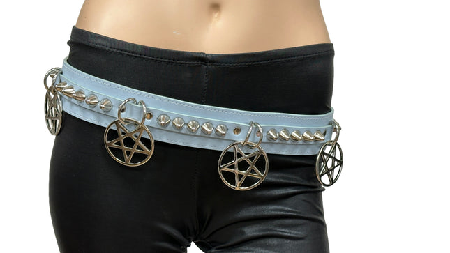 BT653M-BLUE PREMIUM VEGAN LEATHER UK77 STUD PENTAGRAM CHAIN BELT