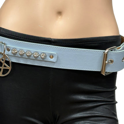 BT653M-BLUE PREMIUM VEGAN LEATHER UK77 STUD PENTAGRAM CHAIN BELT