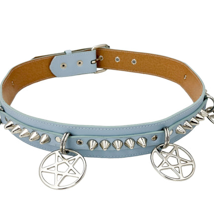 BT653M-BLUE PREMIUM VEGAN LEATHER UK77 STUD PENTAGRAM CHAIN BELT