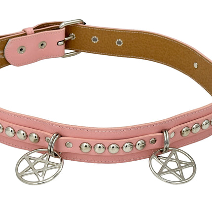 BT653M-PINK PREMIUM VEGAN LEATHER UK77 STUD PENTAGRAM CHAIN BELT