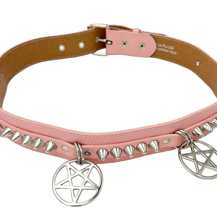 BT653M-PINK PREMIUM VEGAN LEATHER UK77 STUD PENTAGRAM CHAIN BELT