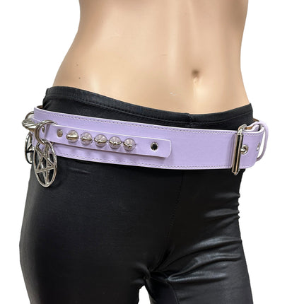 BT653M-PURPLE PREMIUM VEGAN LEATHER UK77 STUD PENTAGRAM CHAIN BELT